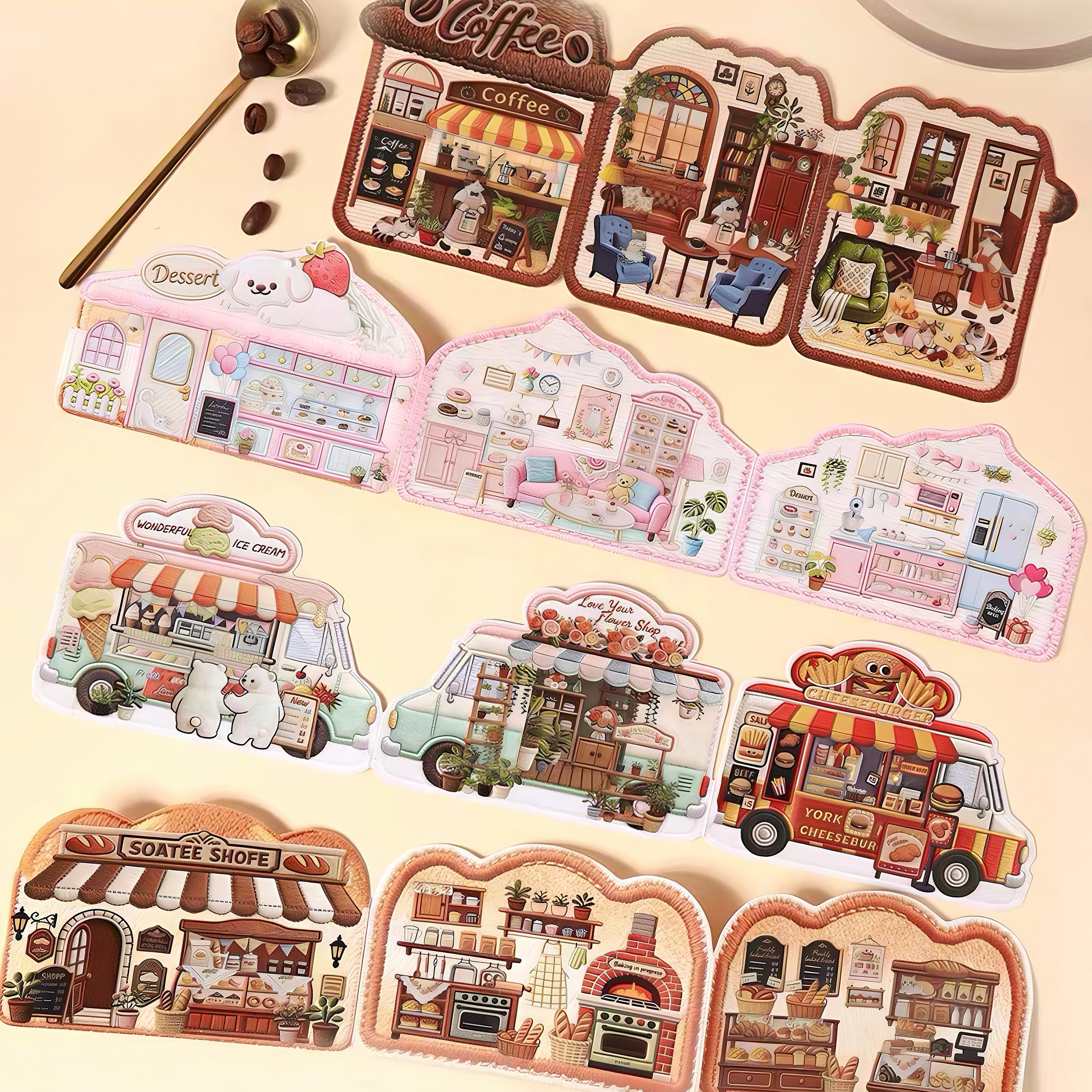 Embroidery Scene Stickers：Tiny Treasure Shop – Foldable Tri-Fold Design